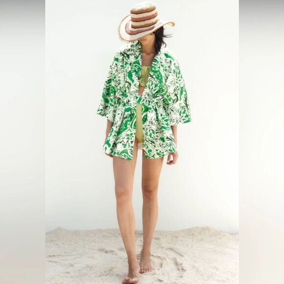 Zara Green White Black Print Linen Blend Bubble Sleeve Tie Front Kimono sz Large - Picture 1 of 8
